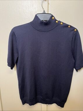 Lauren Ralph Lauren navy blue silk-blend knit top w classic gold-toned det. sz L